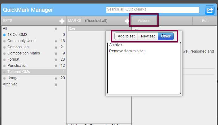 Actions menu in QuickMark Manager