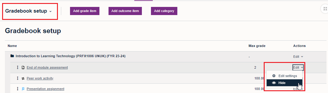 Grades screen showing Gradebook setup selected and the option to hide the grade via the drop down list to the  right of the assignment for which you want to hide the grade