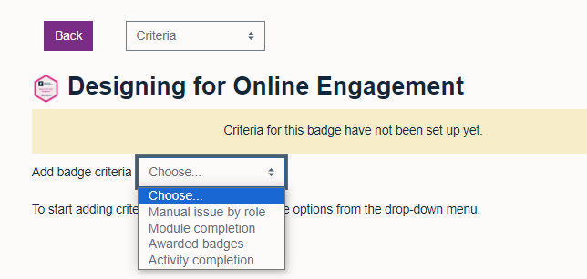 Badge criteria menu