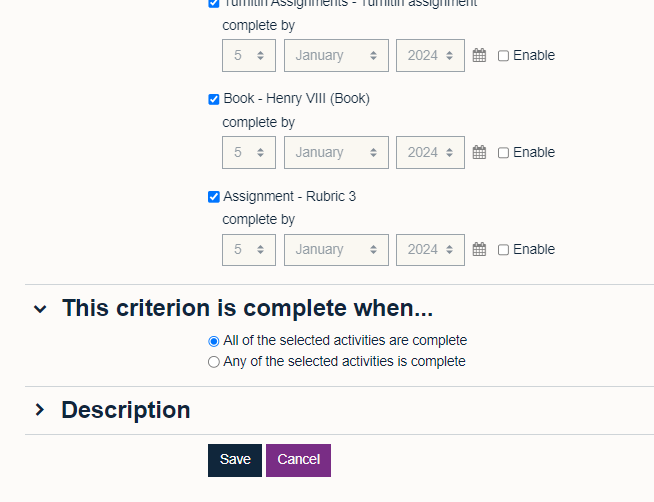 Choose activities for criteria of badge