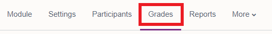 Module menu displaying 'Module', 'Settings', 'Participants', 'Grades' (which is underlined in purple as it is selected and also highlighted by a red square), 'Reports' and 'More' options.
