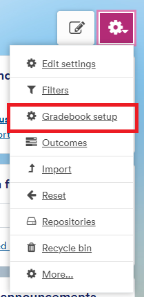 Gradebook setup in cogwheel menu