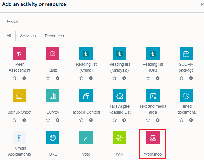 Activity picker with workshop activity highlighted