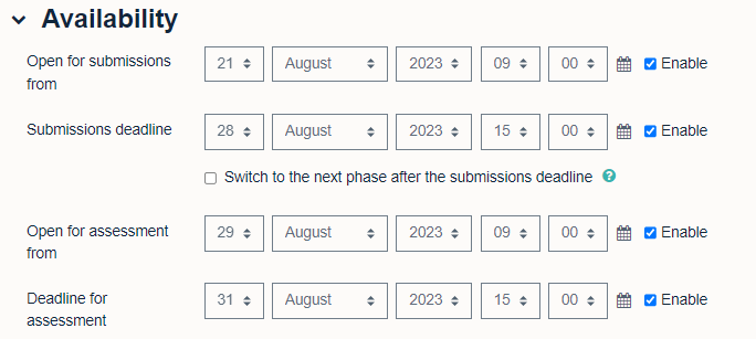 Screen showing availability dates