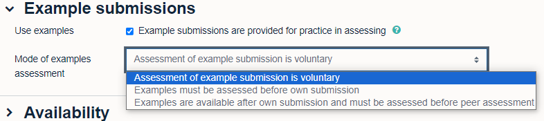 Example submissions menu showing options summarised in the text