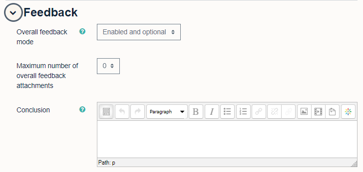 Feedback box showing mode, maximum number of attachments and Conclusion boxes