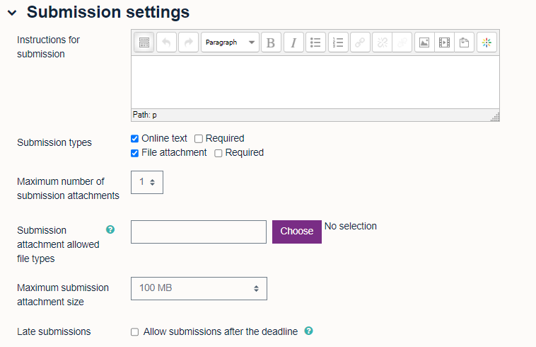 Submission settings showing instructions or submission, submission types, maximum number of attachments, types, size and option to allow late submissions