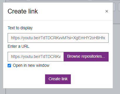 Screen to add text and URL address