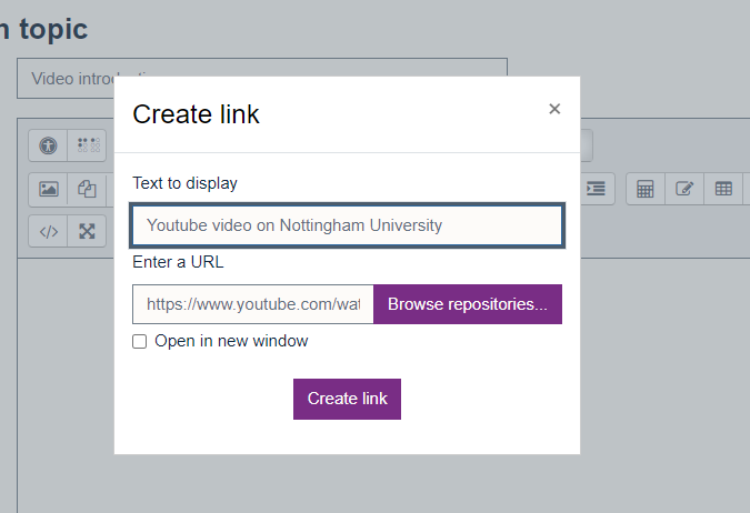 The create link window, enabling you to input text to display and add a URL.