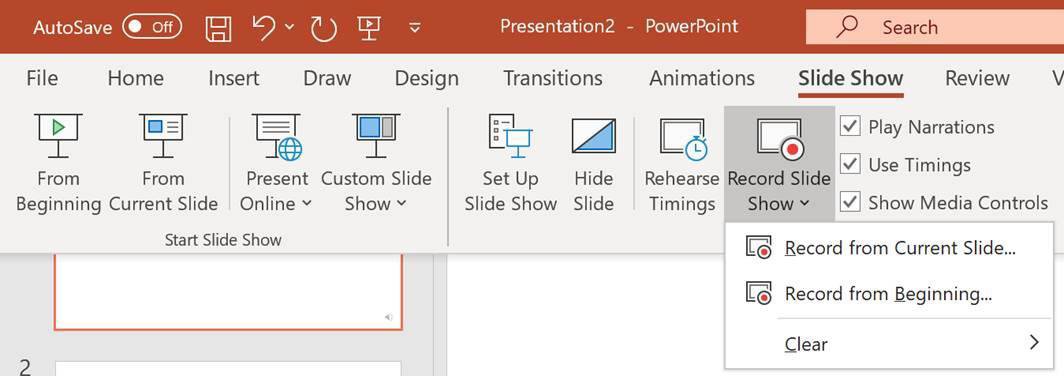 A screenshot of PowerPoint showing the Record slideshow button.