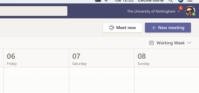 Screenshot showing the Meet now button and the Scheduled Meeting options in the Teams calendar