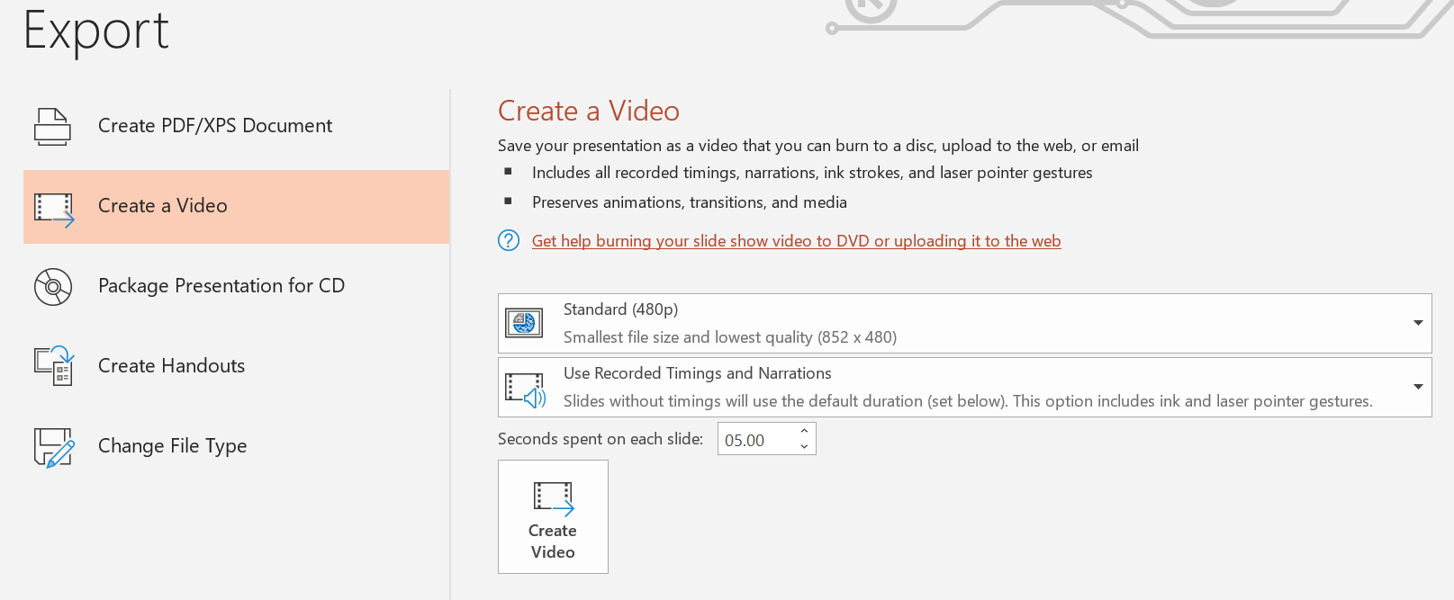 Screenshot showing selecting 'Create a Video' to make to export narrated PowerPoint as video