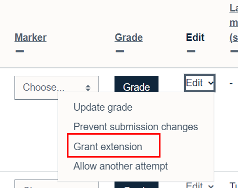 Selecting 'Grant Extension' for individual students in a Moodle Assignment.