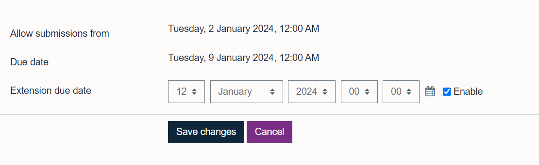 Setting the extension date for a student submission in Moodle Assignment