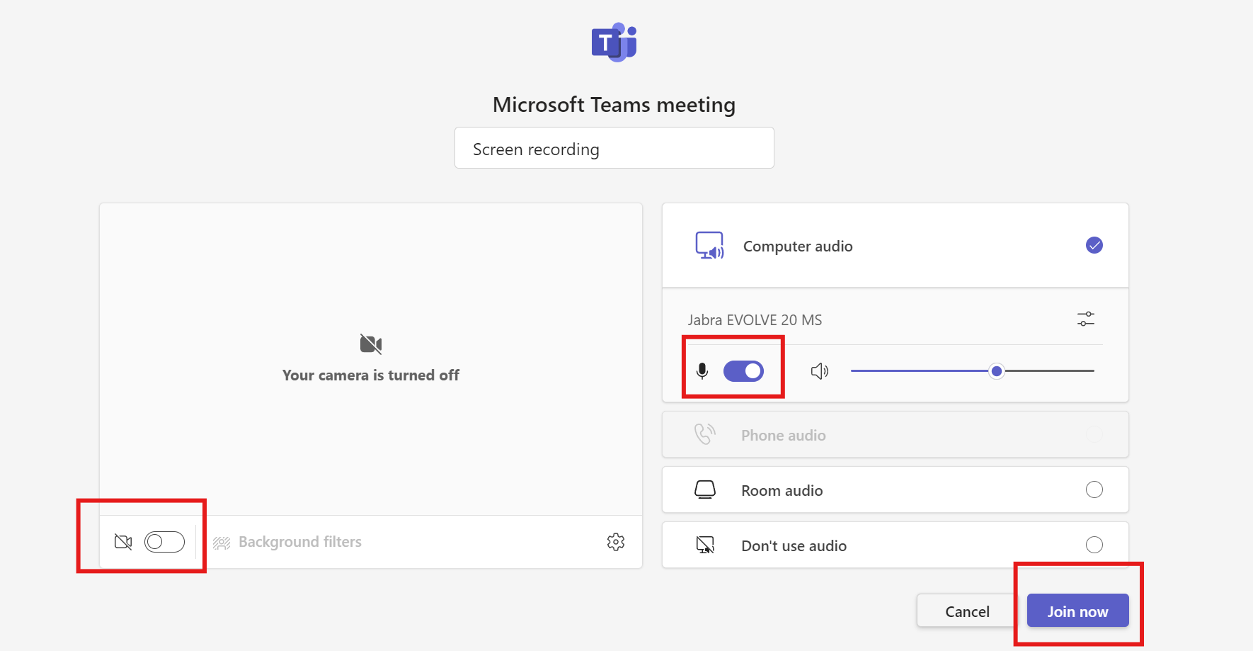 Adjusting settings before joining Teams Meeting