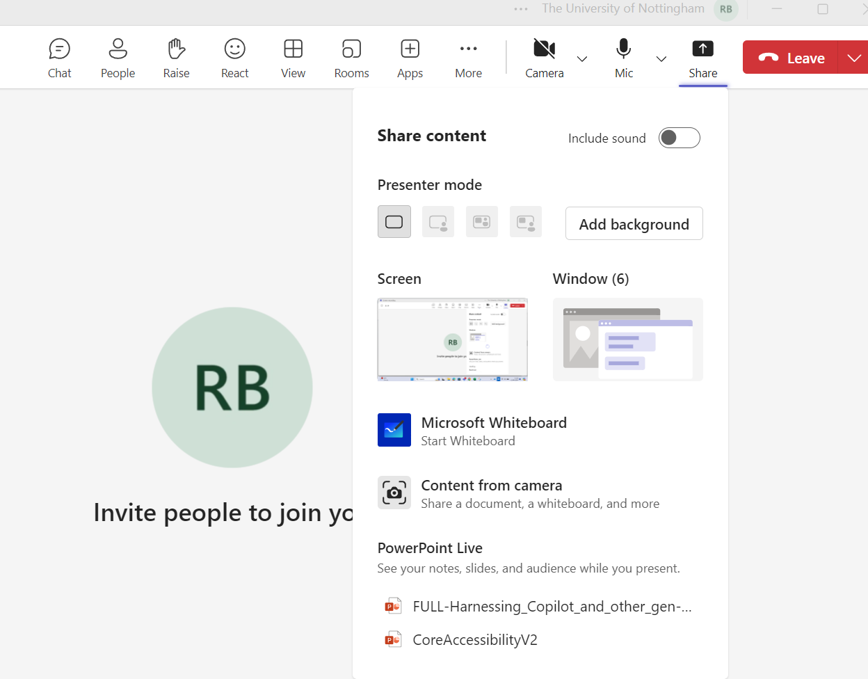 Share options in a Microsoft Teams meeting