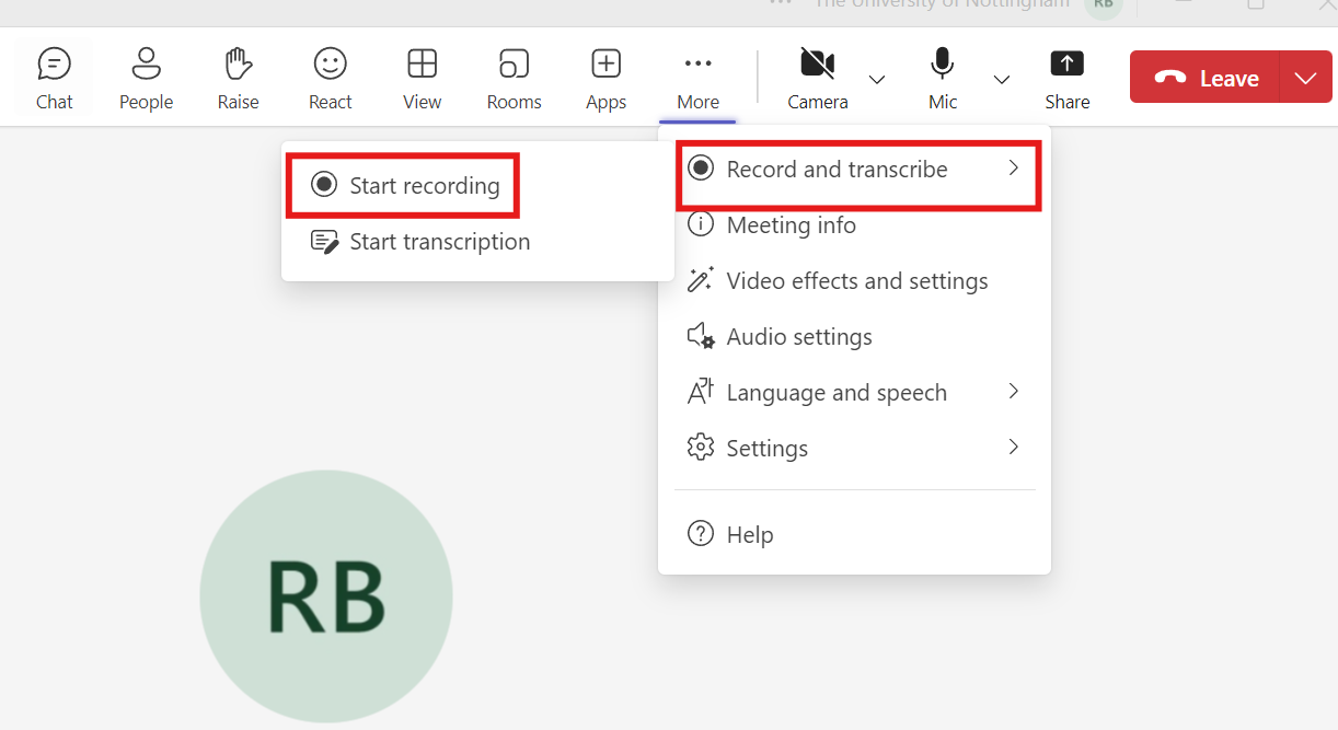 Start recording option in Microsoft Teams