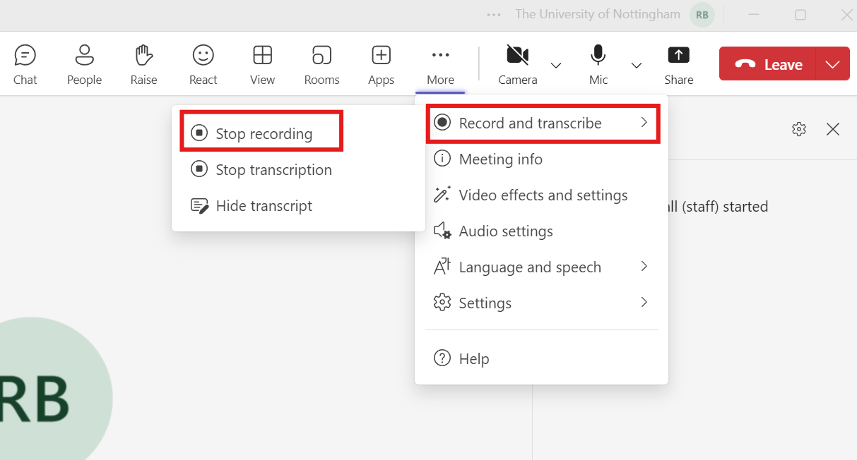 Stop recording option in Teams Meeting