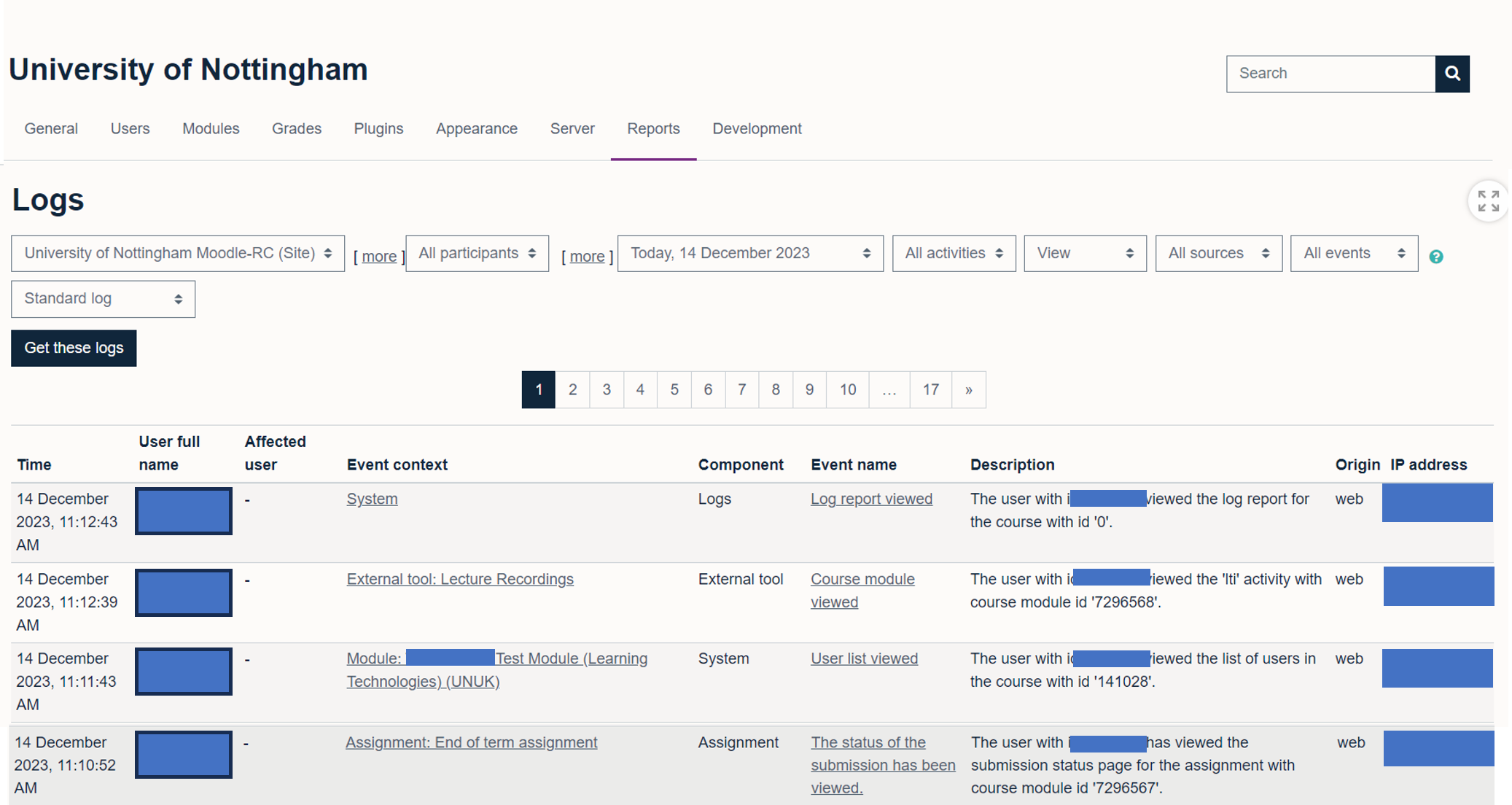 An overview of the logs showing time accessed, user, content accessed, event name, description and IP address