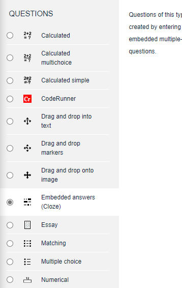 option to select 'embedded answers' in the list of question types