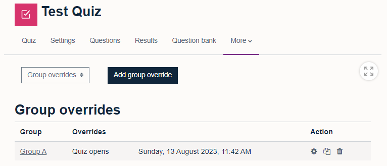 Quiz group override appearance once set up. Shows 'Group', 'Overrides' which is 'Quiz opens' in this instance, followed by the date.  Finally there is an 'Actions' sections with a cog icon, copy icon, the delete icon