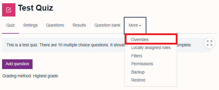 Quiz 'More' menu with 'Overrides' highlighted by red square.