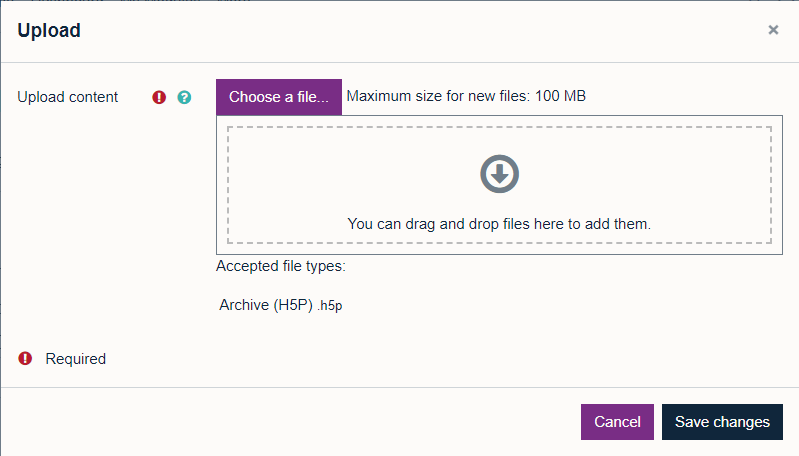 Upload pup-up for uploading a H5P file to the content bank