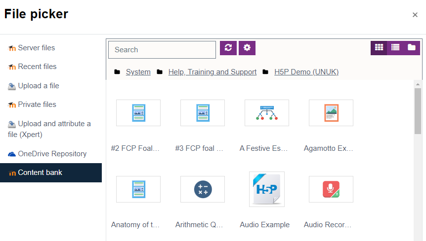 File picker showing H5P activities from a different module's content bank