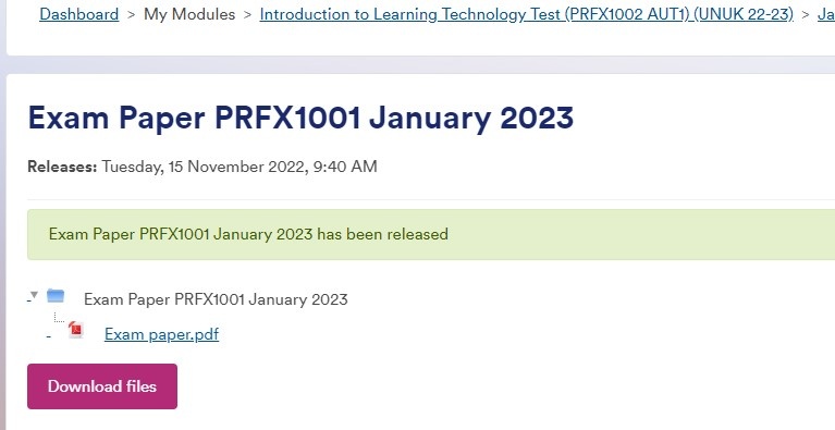 Screenshot of the Timed document release page with the document now available to students. 