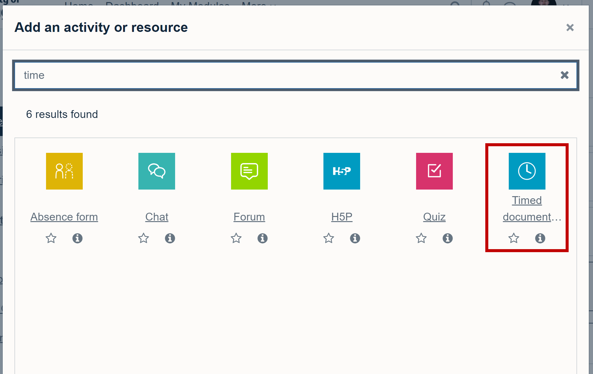 The Add Activity or Resource pop up with the Timed Document Release activity chosen