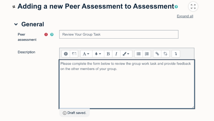 Screenshot showing the general settings, title and description, for the Peer Assessment activity.