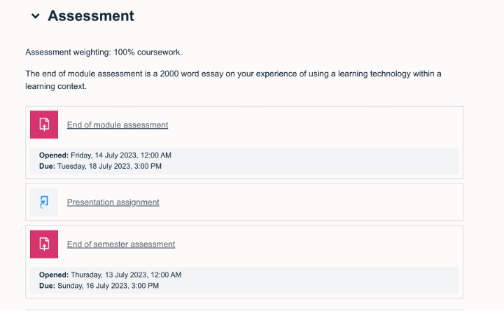 Screenshot showing the assesment area in Moodle module site, showing a list of assignments.