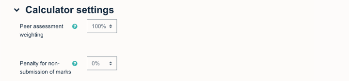 Screenshot showing the calculator settings for the Peer Assessment activity.