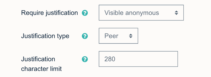 Screenshot showing the justification settings within the Peer Assessment activity.