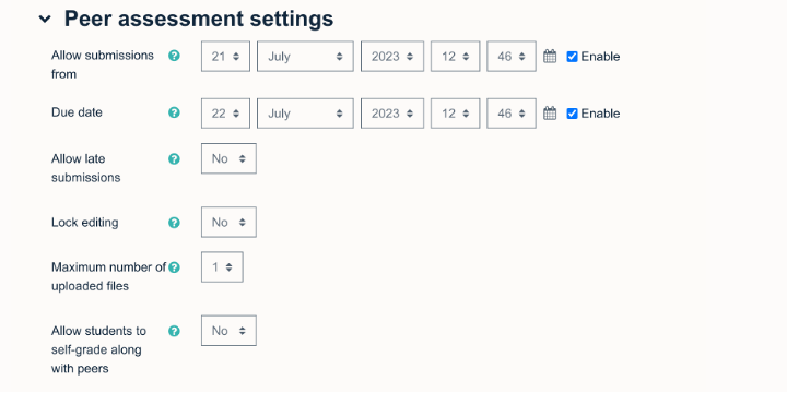 Screenshot showing the assignment settings for the Peer Assessment activity, including due date and late submission settings.