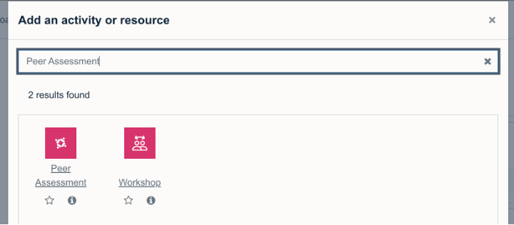Screenshot showing the activity search pop up on Moodle, searching for the Peer Assessment activity.