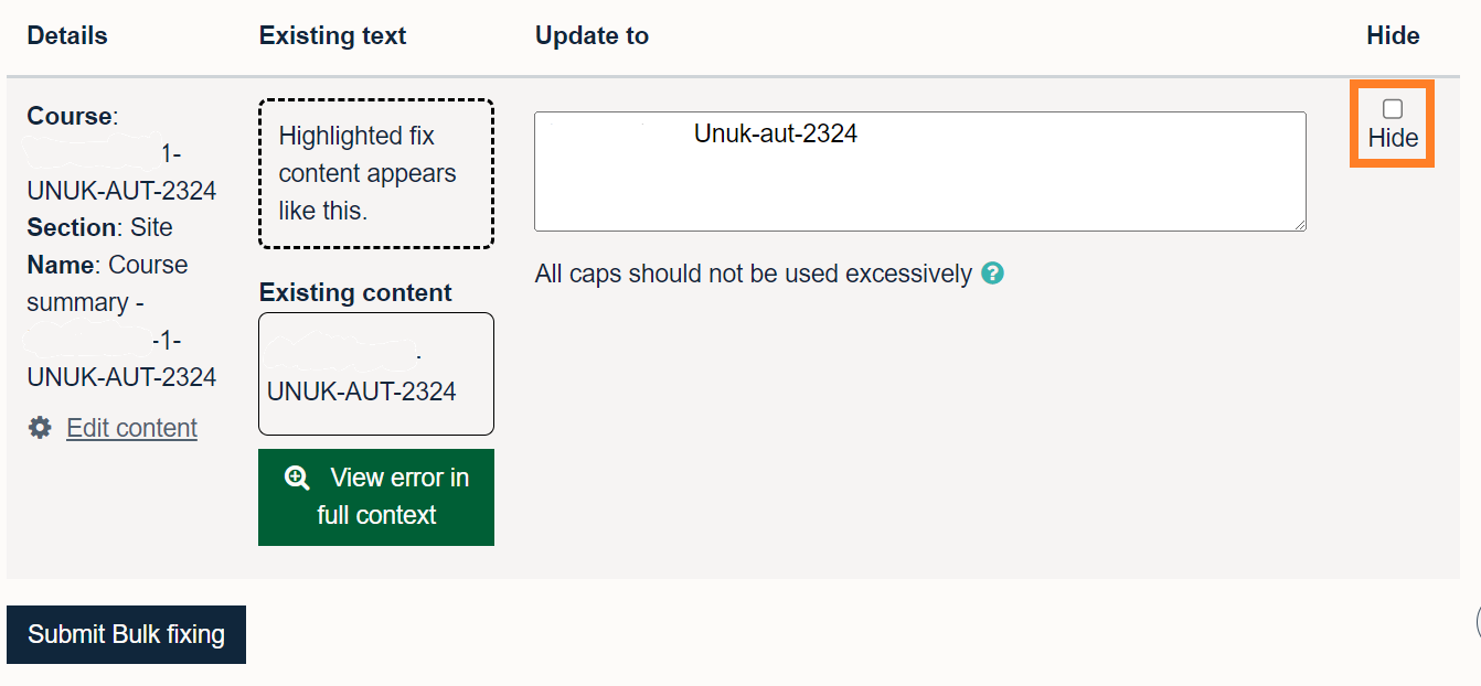 Hiding a module code from the Bulk Fix tool.