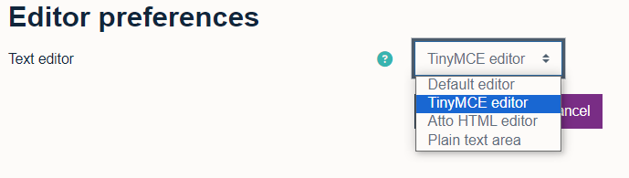 Selecting the TinyMCE text editor in Moodle 4.3