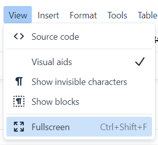 The view menu in TinyMCE editor