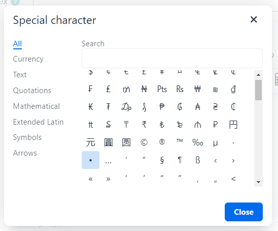 Special character selection in TinyMCE editor