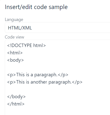 The code sample editor in TinyMCE editor