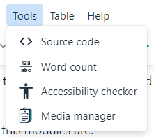 Tools menu in TinyMCE editor