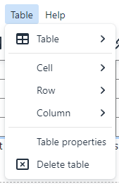 Table menu in TinyMCE editor