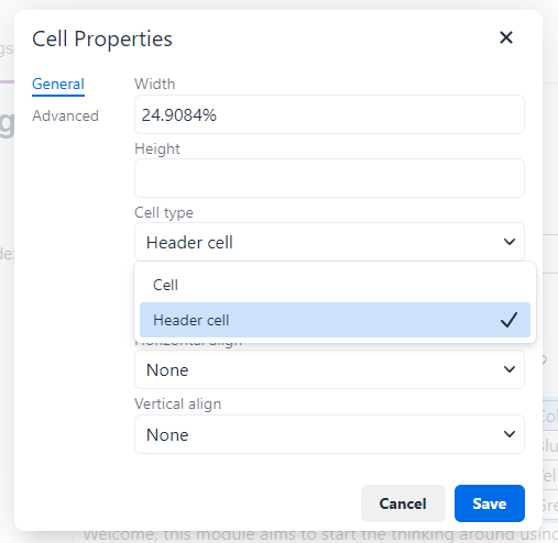 Cell properties in TinyMCE editor