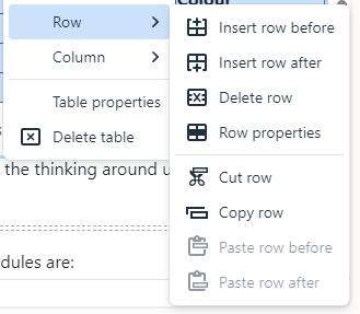 The row menu in TinyMCE editor