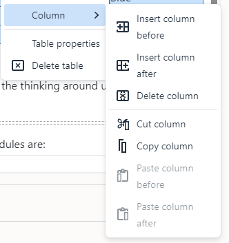 Column menu in TinyMCE editor