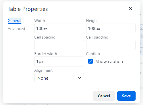 Table properties menu in TinyMCE editor