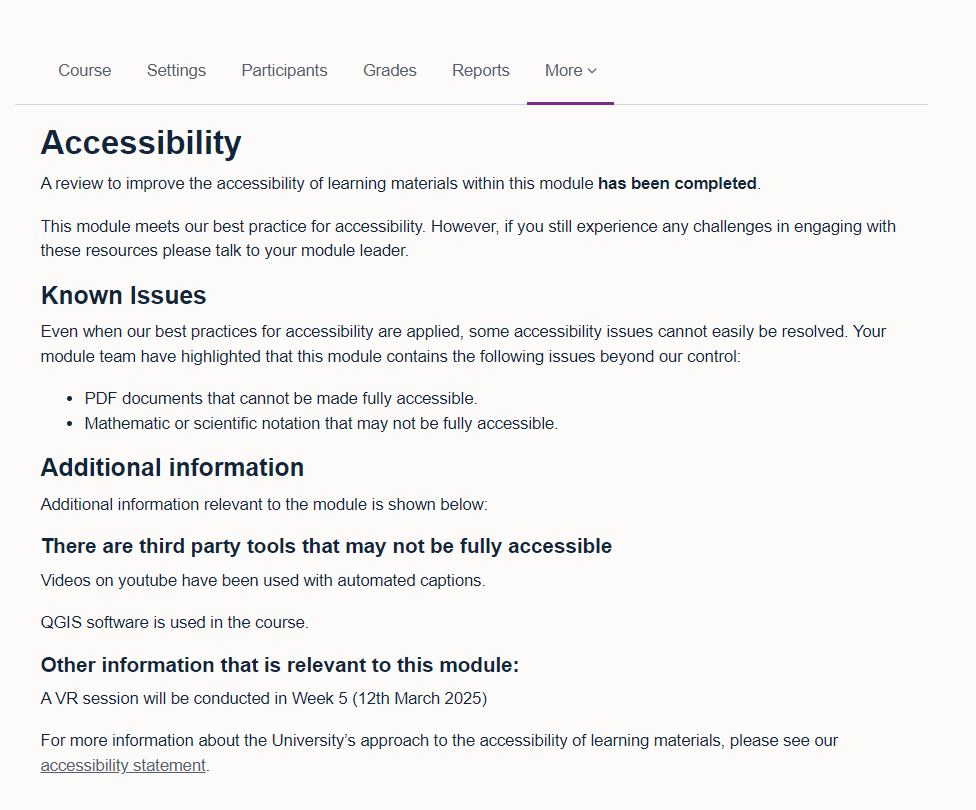 The completed accessibility information for students in Moodle.