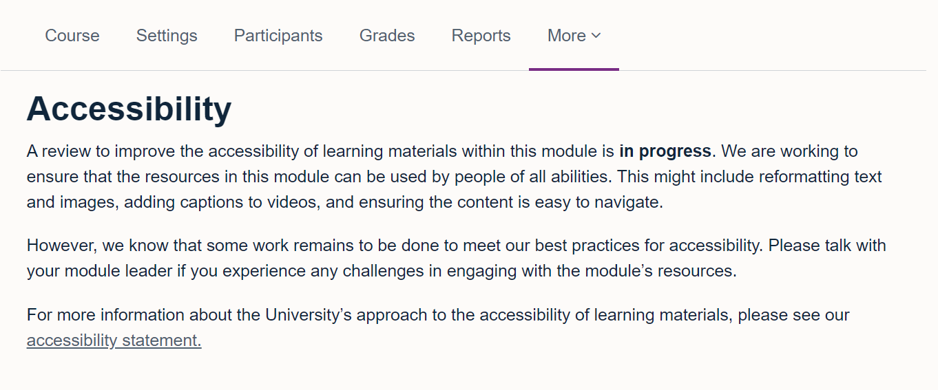 Default accessibility information for students in Moodle