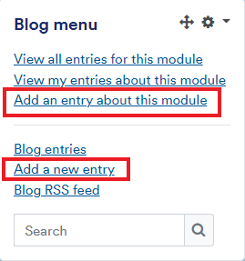 Blog menu with the option to add an entry about this module and add a new entry. 